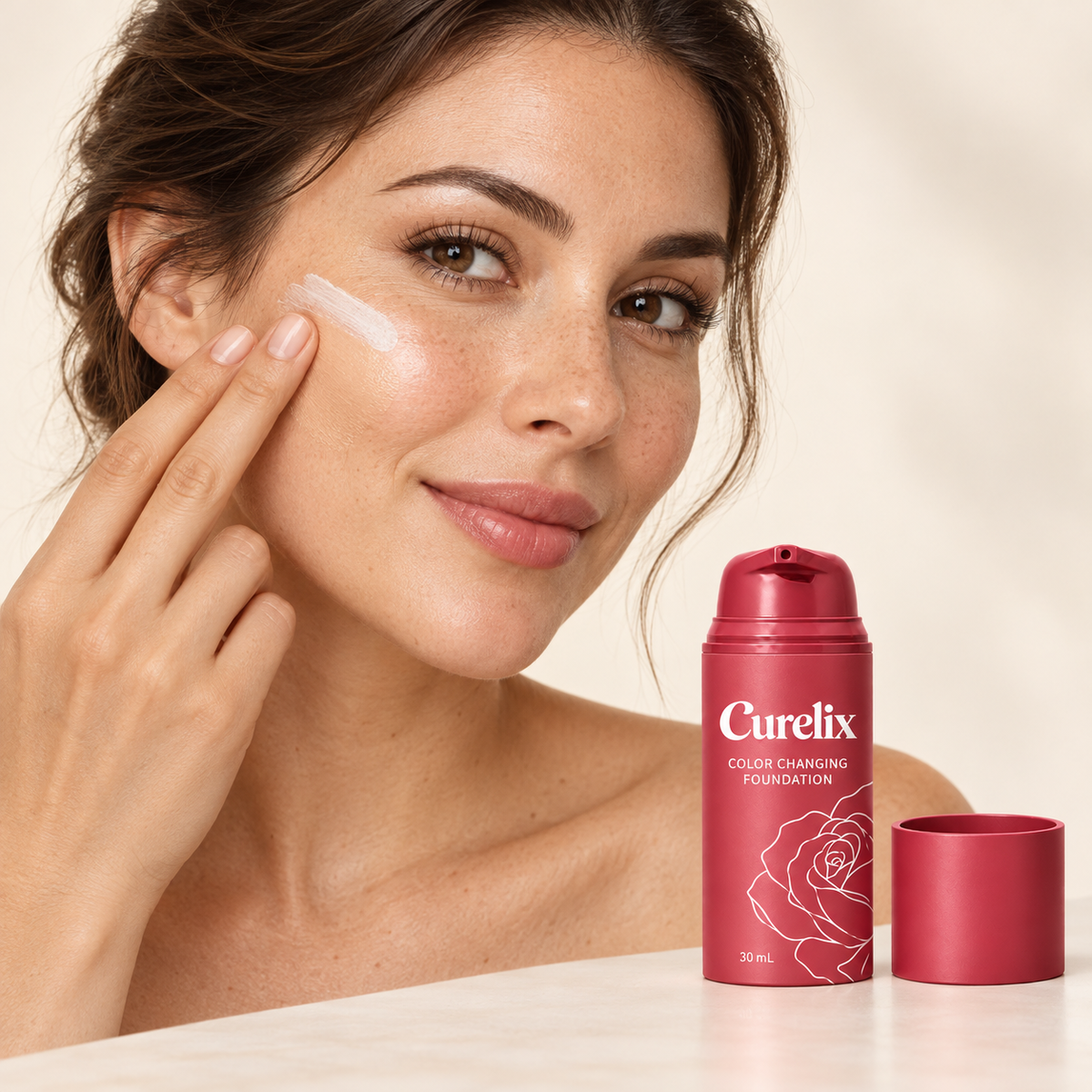 Woman blending Curelix Color Changing Foundation into her cheek