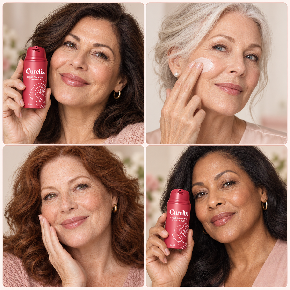 Four mature women using and holding Curelix Color Changing Foundation